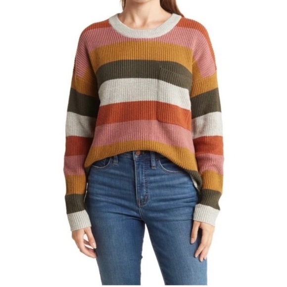 NWT Madewell Thompson Pocket Knit Pullover Multi color stripe Medium Retro - Picture 1 of 3